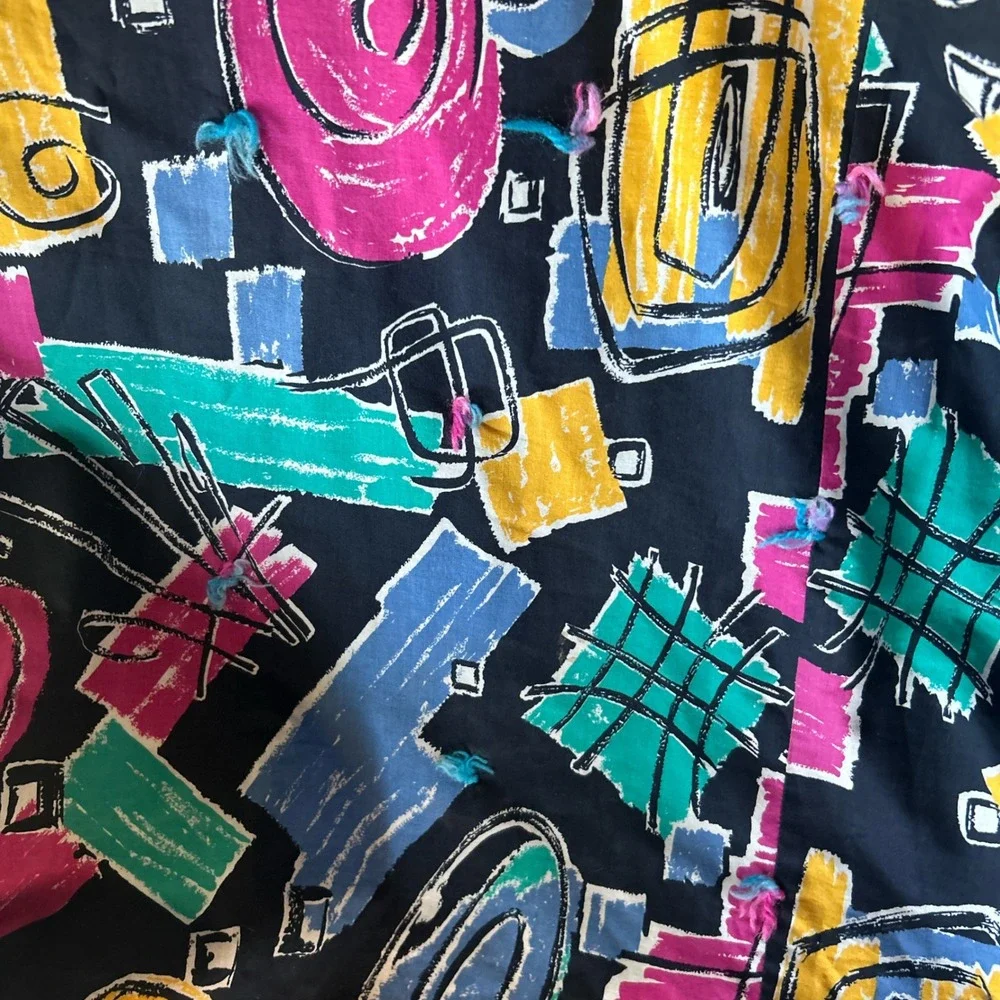 Handmade 90s Memphis Abstract Floral Patchwork Tied Quilt Blanket
